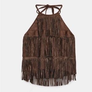 ZARA Dark Brown shimmer faux suede fringe top size large